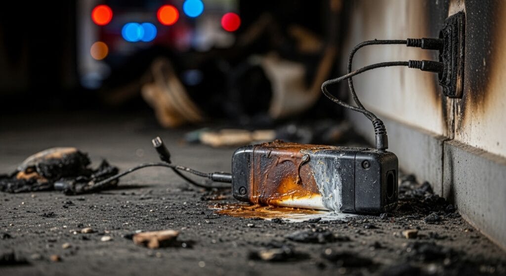 Batería de bicicleta eléctrica dañada tras un incendio en California con enfoque legal de lesiones personales