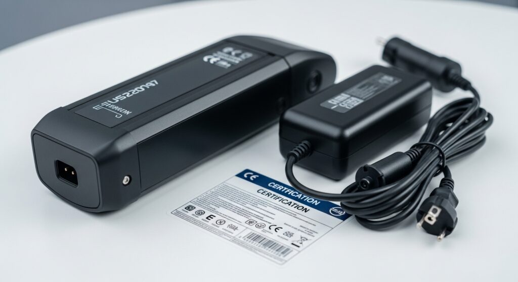 Bicicleta eléctrica, batería y cargador con etiquetas de seguridad para explicar certificación en California