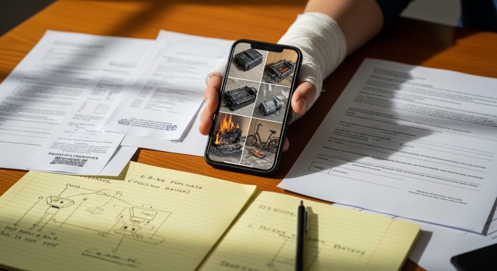 Documentación y pruebas tras un incendio de batería de bicicleta eléctrica para un reclamo por lesiones