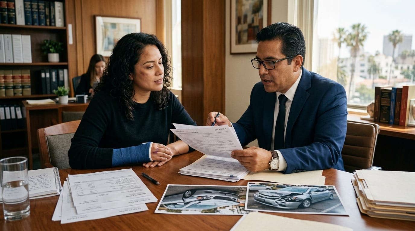 Abogado revisando seguro mínimo 306015 en California después de un accidente