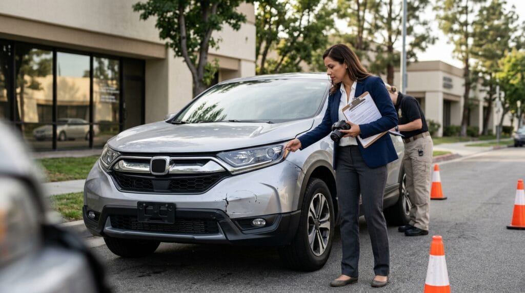 Abogado revisando un reclamo por frenado automático de emergencia después de un accidente en California