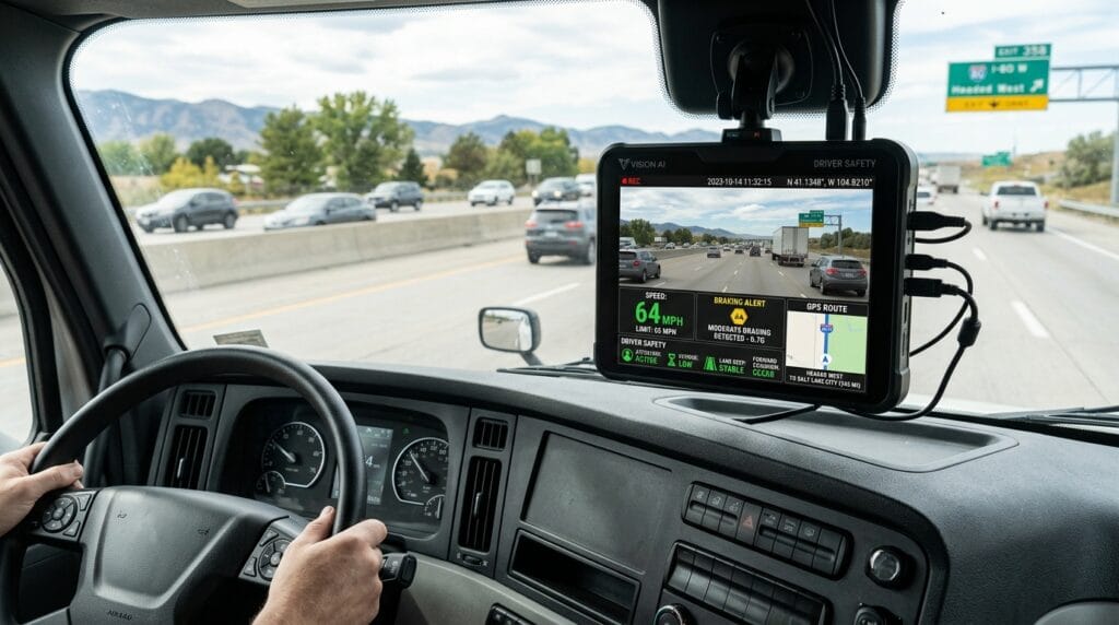 Cámara de tablero con IA mostrando velocidad GPS y alertas de seguridad