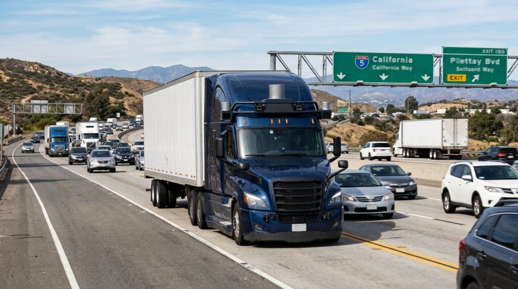 Camión autónomo circulando por una autopista de California mientras sensores y cámaras registran el tráfico